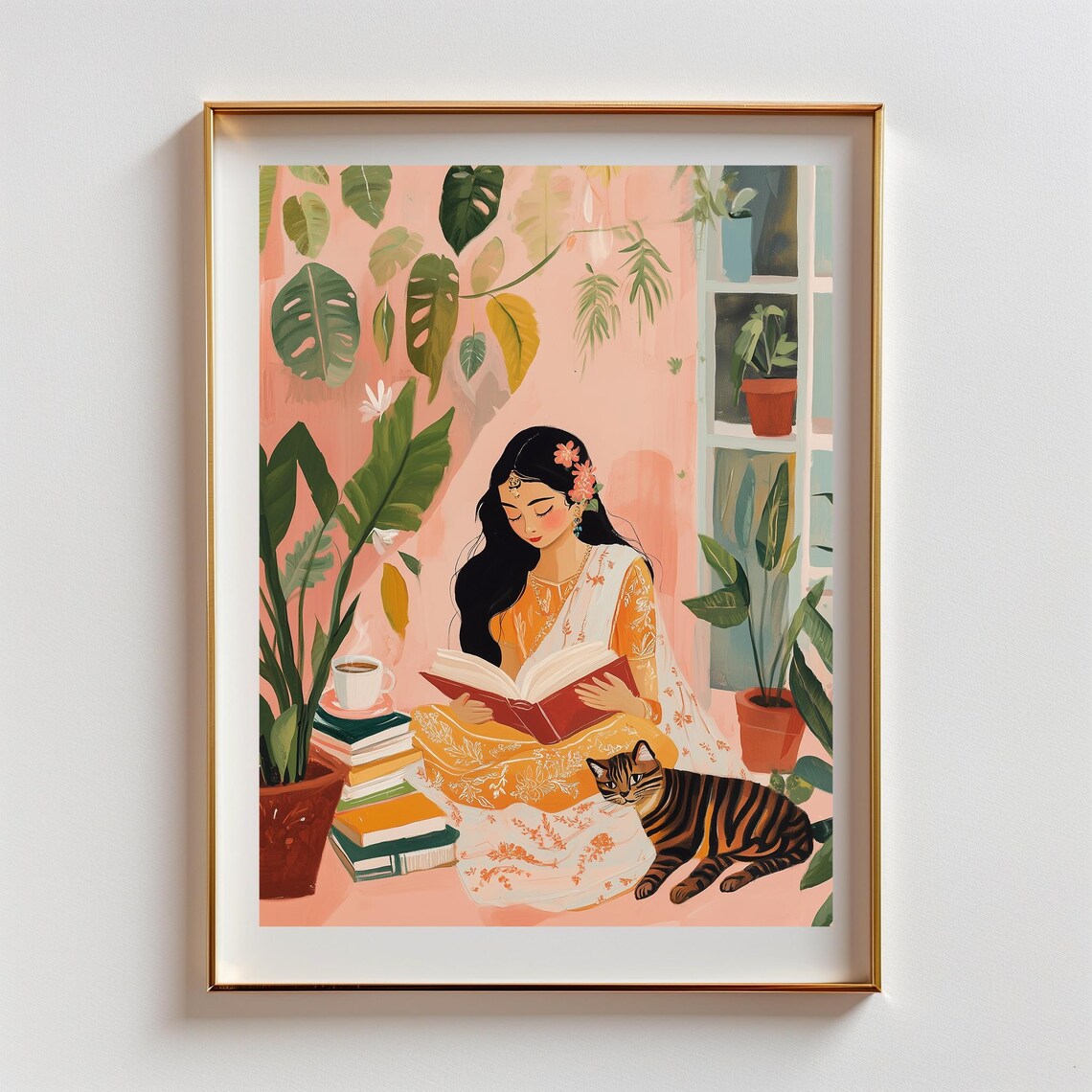 Indian-Inspired Girl With Cat Art Print, South Asian