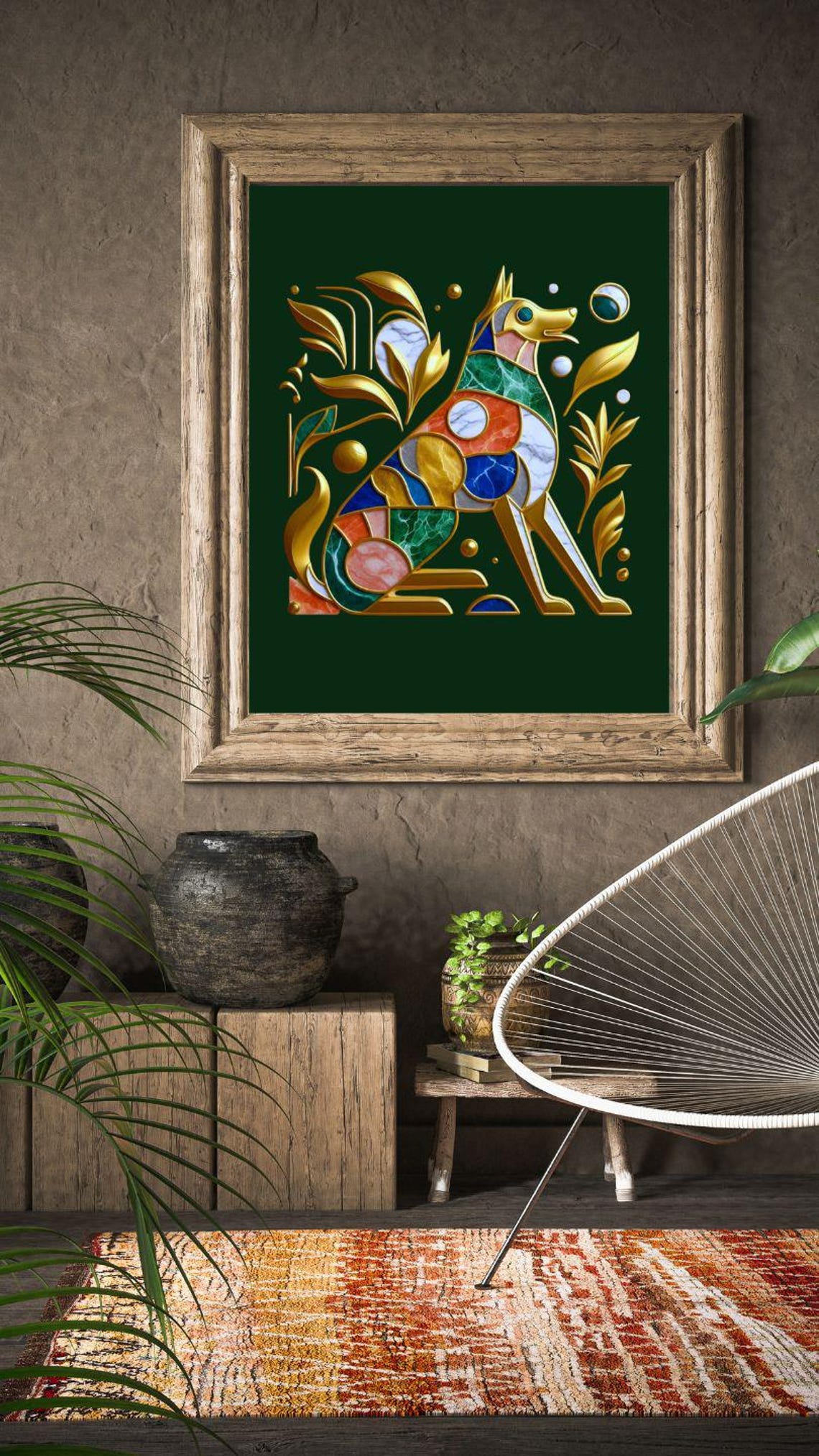 Golden Art Deco Dog with Marble Inlays on Emerald Art Poster - Image 3