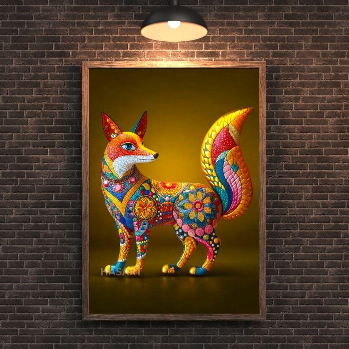 Vibrant Patterned Fox with Floral Folk Art Design on Gold Poster