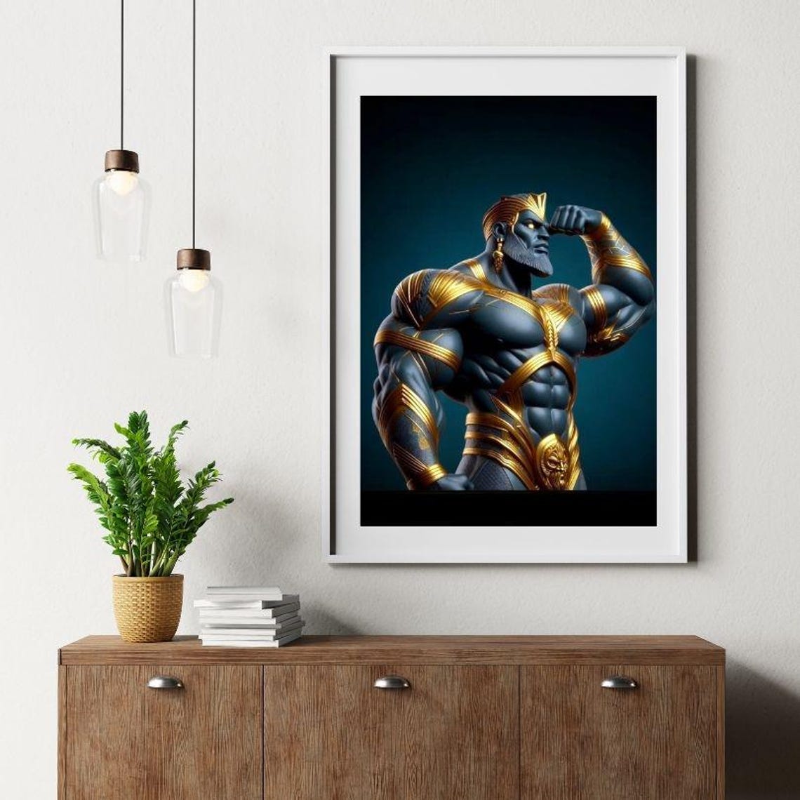 Dark Gladiator Muscle Man Gold Armor Flexing Modern Art Poster - Image 2