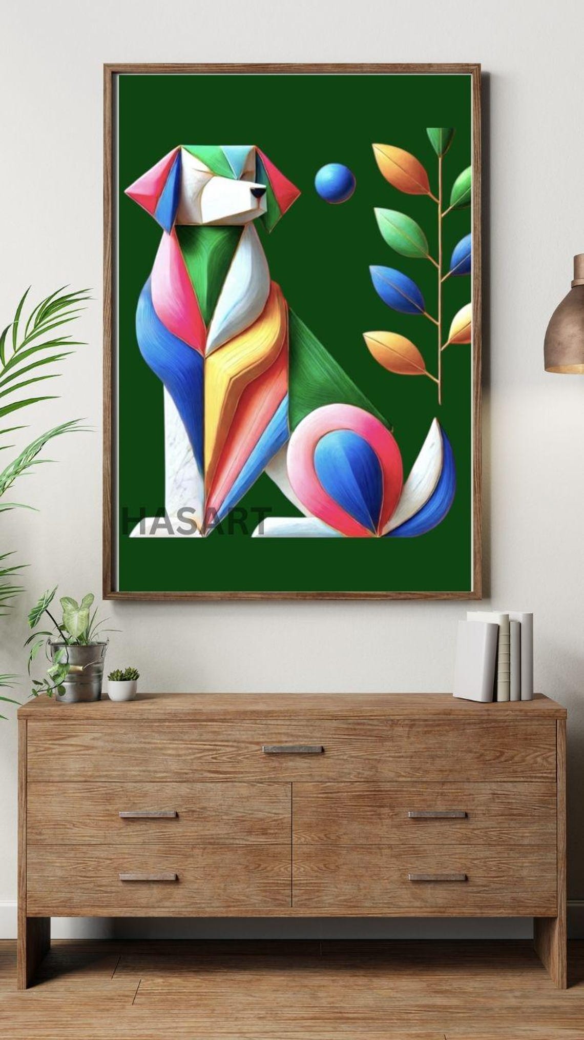 Geometric Origami Dog Sitting with Rainbow Colors on Green Poster - Image 3