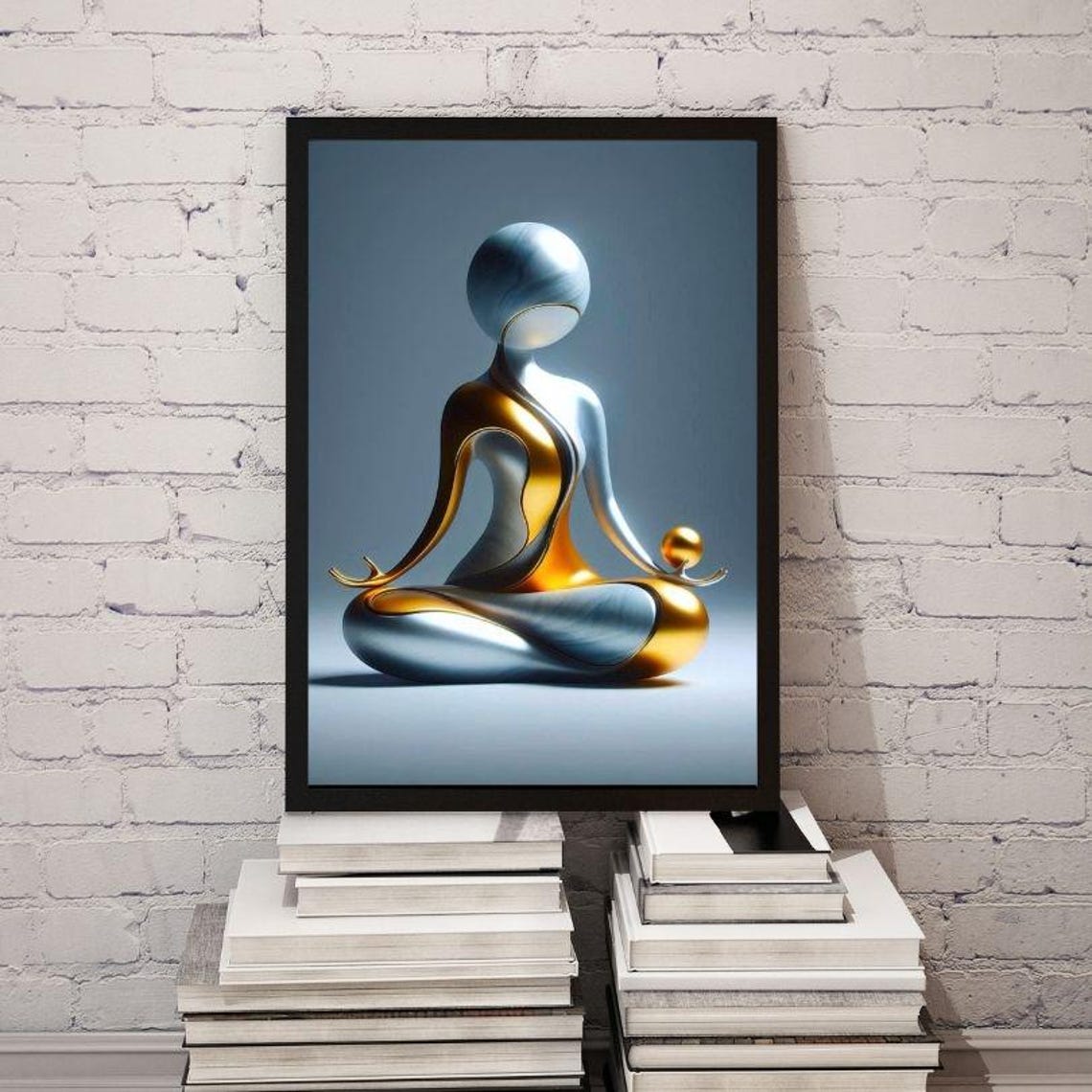 Silver and Gold Abstract Meditator in Lotus Pose Modern Zen Poster - Image 2