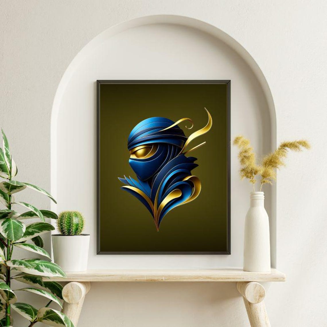 Stylized Blue Ninja Head with Golden Accents on Olive Art Poster - Image 3