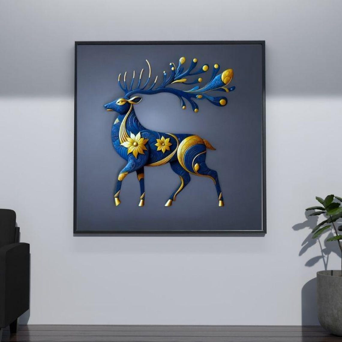 Blue And Gold Stylized Stag With Sweeping Decorative Antlers Poster - Image 3