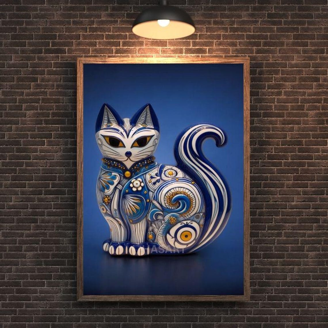 Blue and White Porcelain Cat in Talavera Style Decorative Art Poster