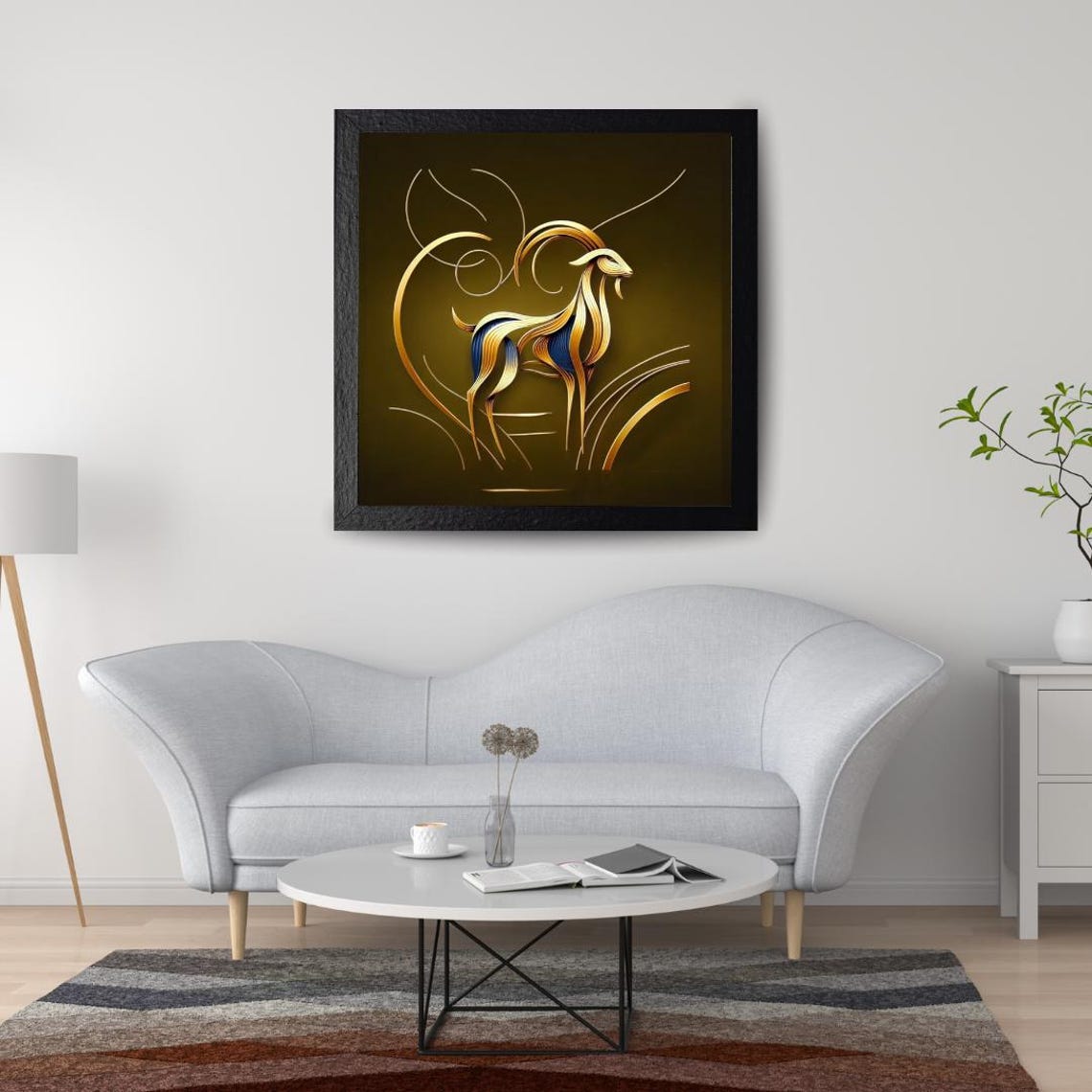 Graceful Golden Goat Standing in Flowing Line Art on Olive Poster - Image 2