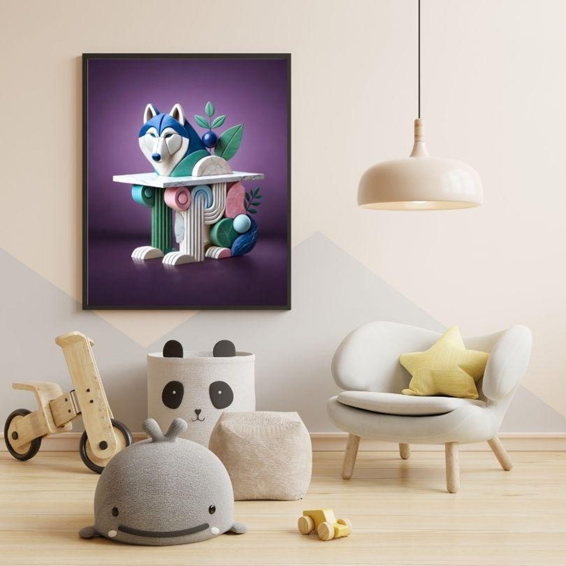 Playful Geometric Husky Peeking Over a Marble Table Art Poster - Image 3