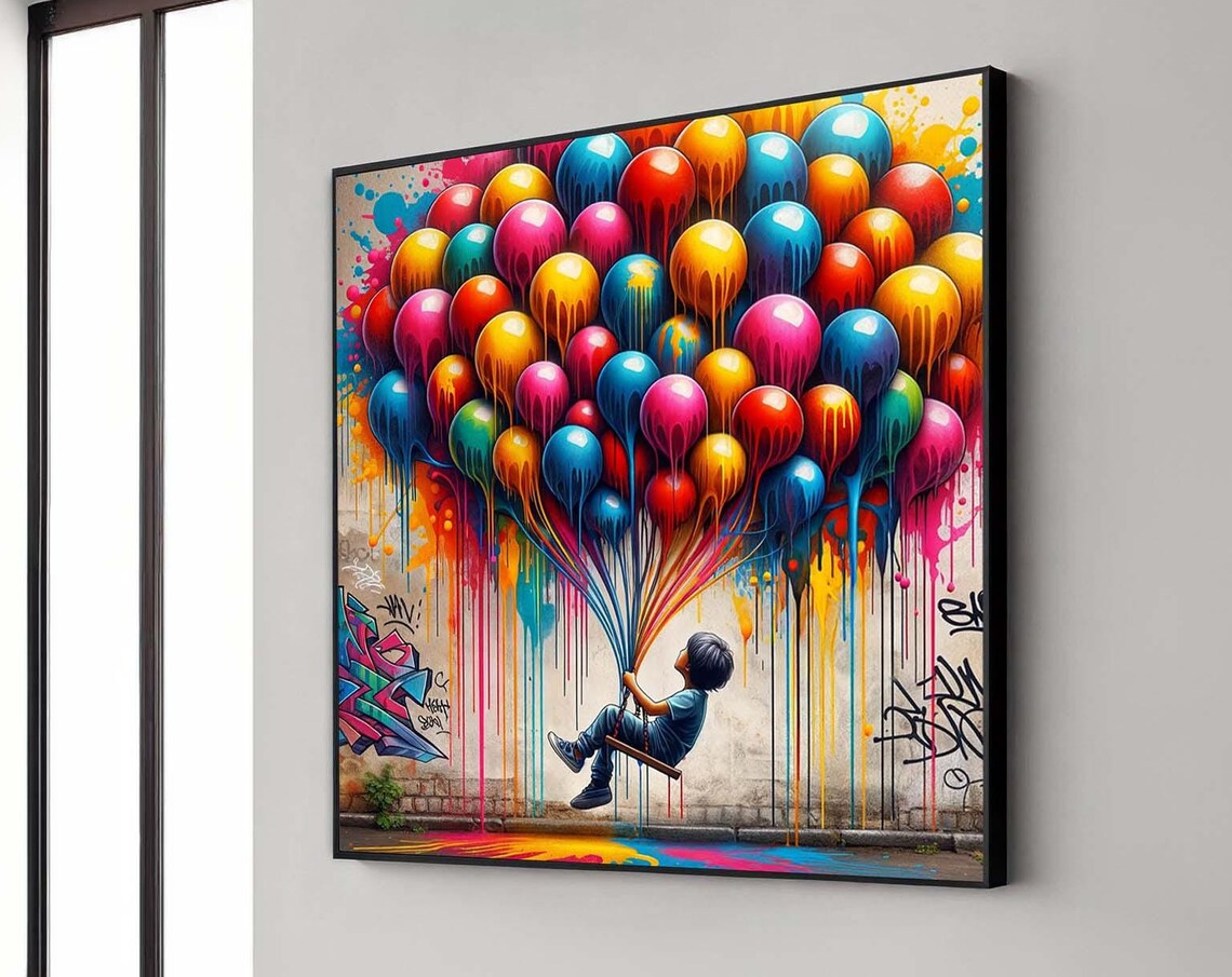 Boy Floating On Swing With Dripping Balloons Graffiti Art Poster