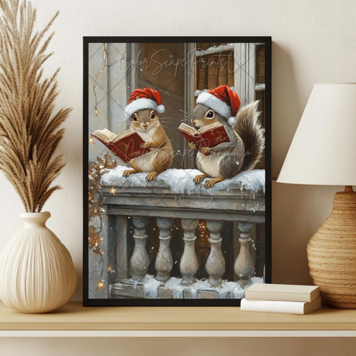 Two Squirrels in Santa Hats Reading Books Snowy Christmas Poster - Image 2
