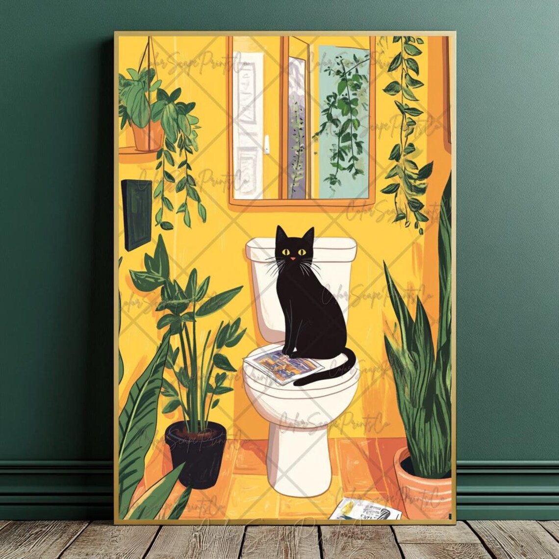 Black Cat Reading Newspaper on Toilet Yellow Bathroom Poster - Image 2