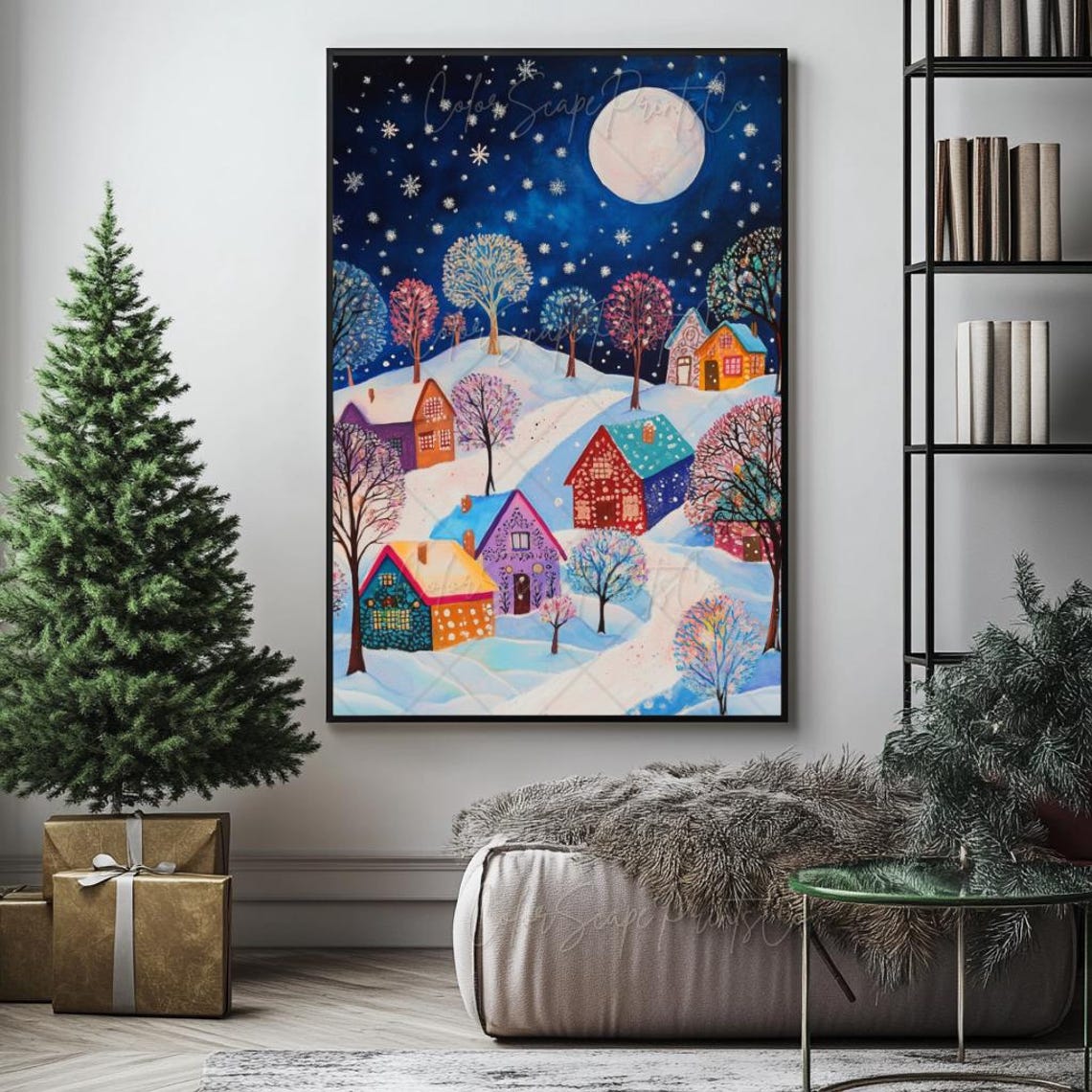 Colorful Snowy Village Glowing Under Full Moon Starry Night Poster - Image 2
