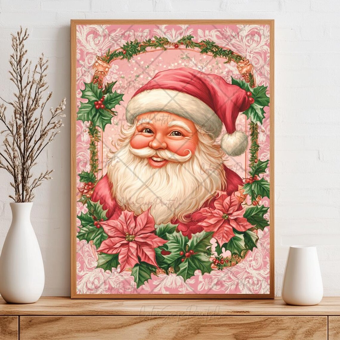 Pink Santa Claus Portrait with Poinsettias and Holly Vintage Poster - Image 3
