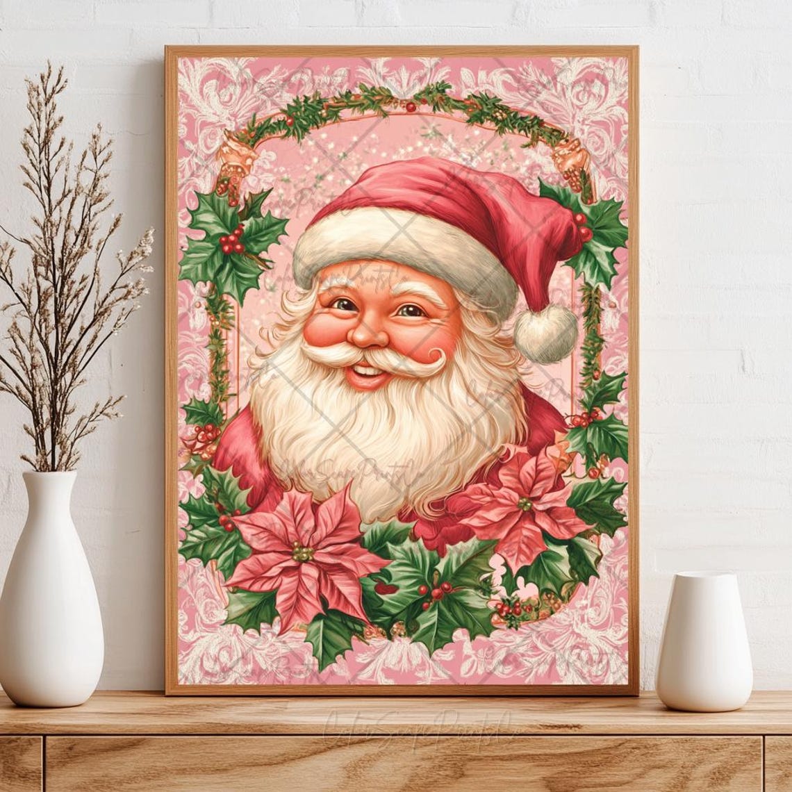 Pink Santa Wall Art Santa Claus Painting Christmas Santa Print Santa Claus Portrait Pink Christmas Holiday Elegant Christmas Art - Image 3