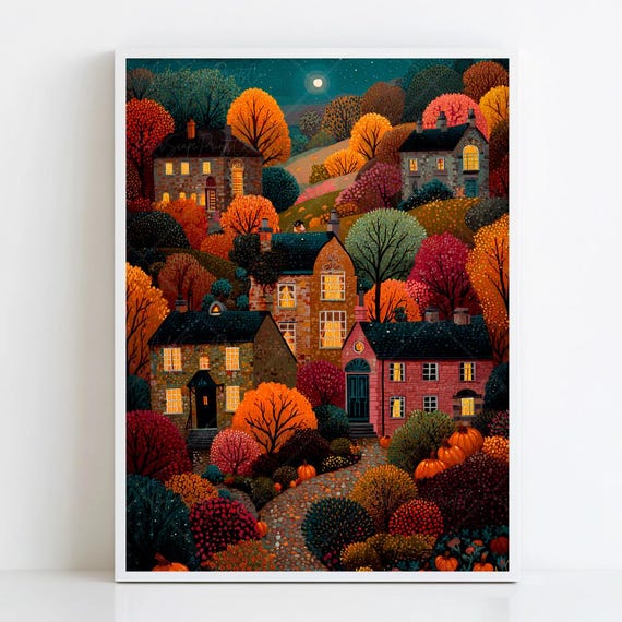 Fall Village Folk Art Print, Warm Autumn Houses