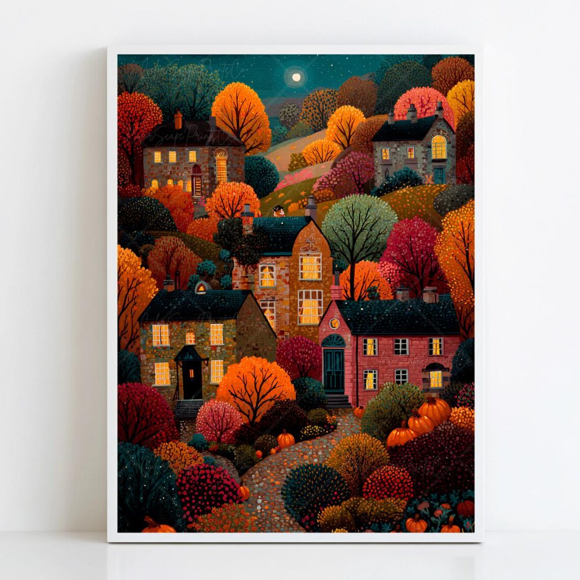Fall Village Folk Art Print, Warm Autumn Houses