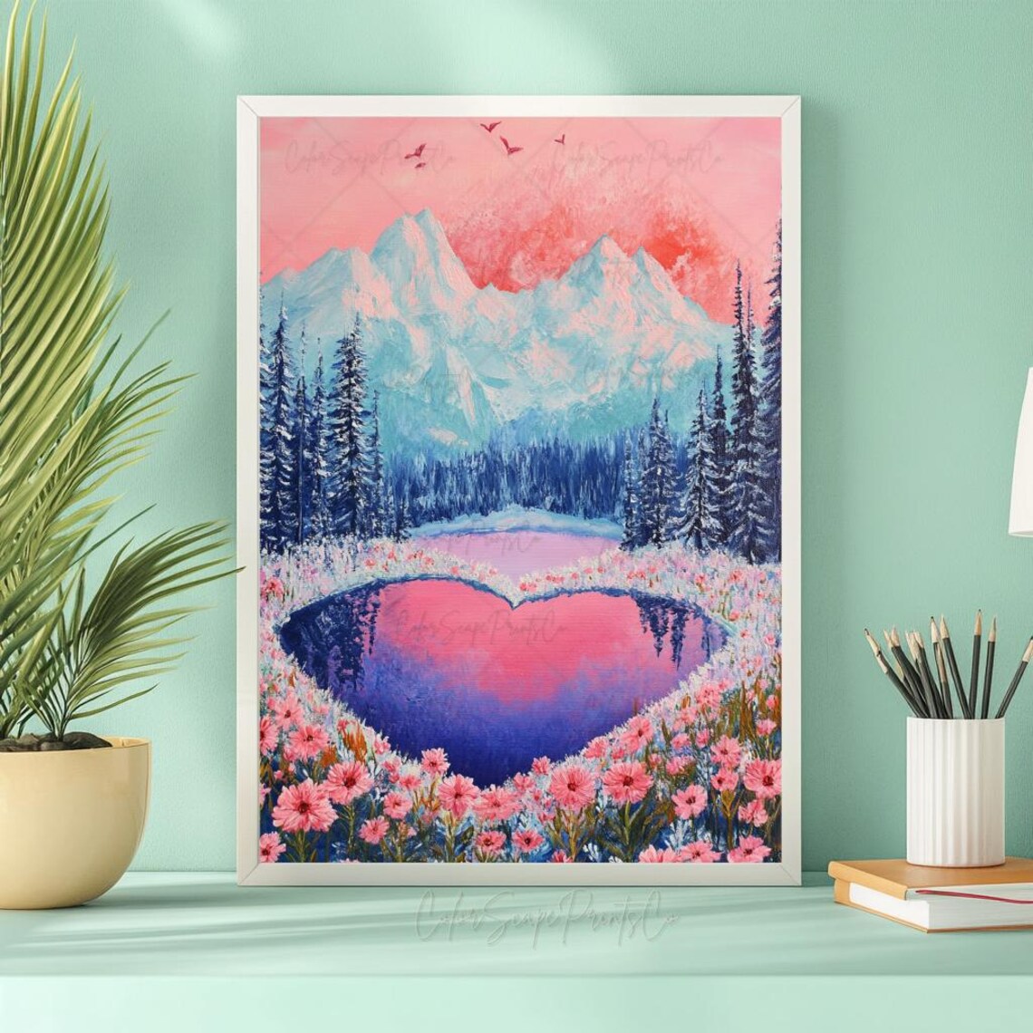 Heart Shaped Lake at Sunset Pink Mountains Wildflowers Poster - Image 2