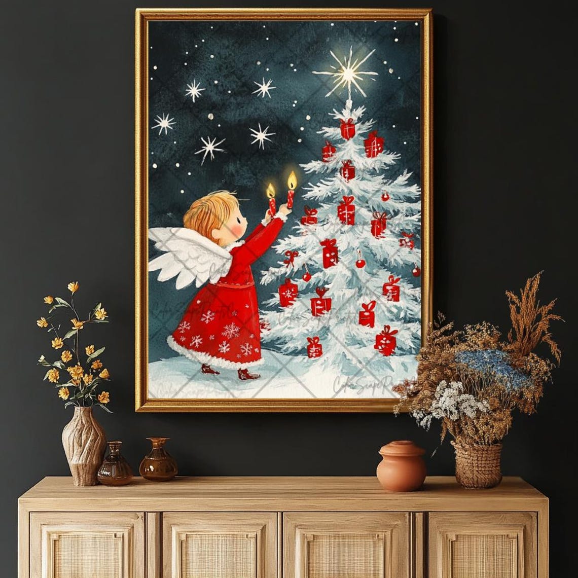 Christmas Angel Lighting Candles on Snowy White Tree Night Sky Poster - Image 4