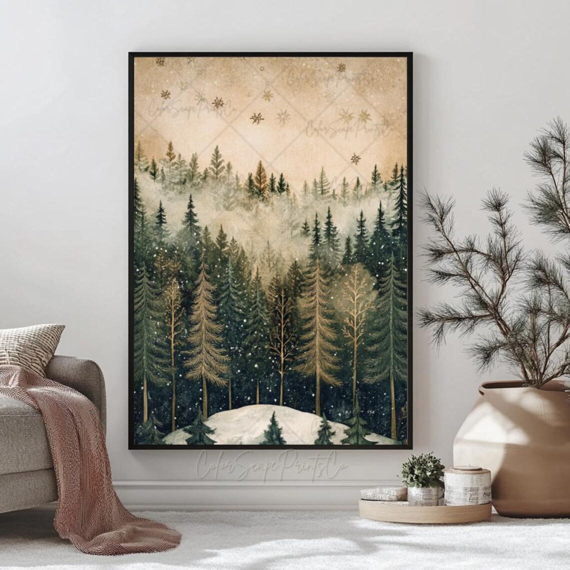Golden Snowy Evergreen Forest Watercolor Winter Landscape Poster - Image 4