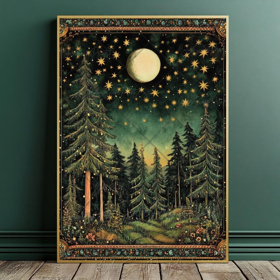 Moon and Stars Vintage Forest Landscape Art Print - Image 3