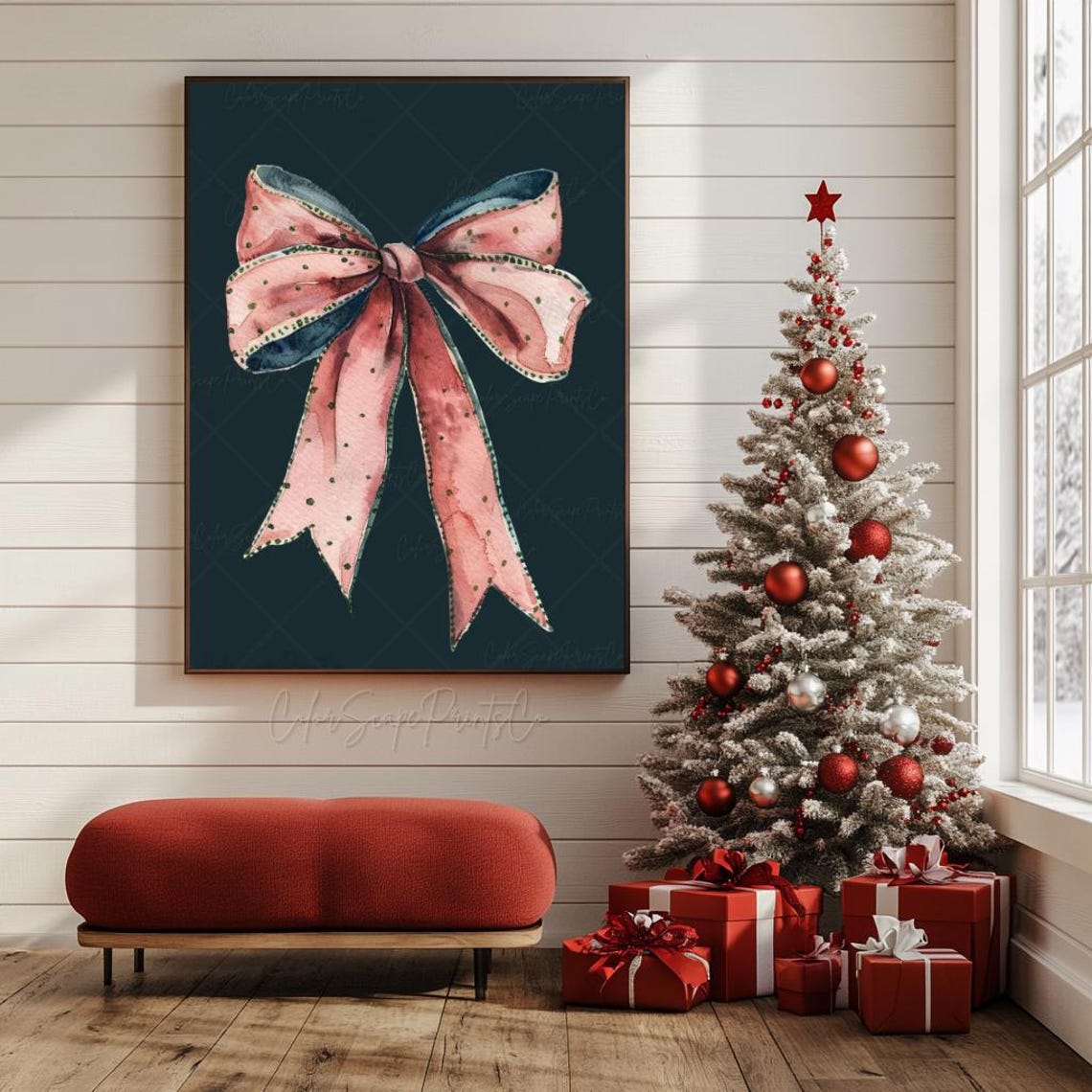 Christmas Bow Print Pink Christmas Coquette Painting Christmas Ornament Print Pink Christmas Festive Holiday Print Preppy Xmas Art - Image 4