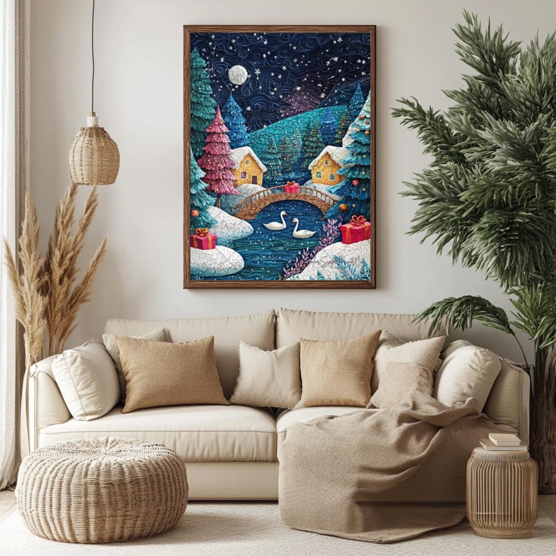 Paper Quilling Christmas Village with Swans Moonlight Night Poster - Image 2