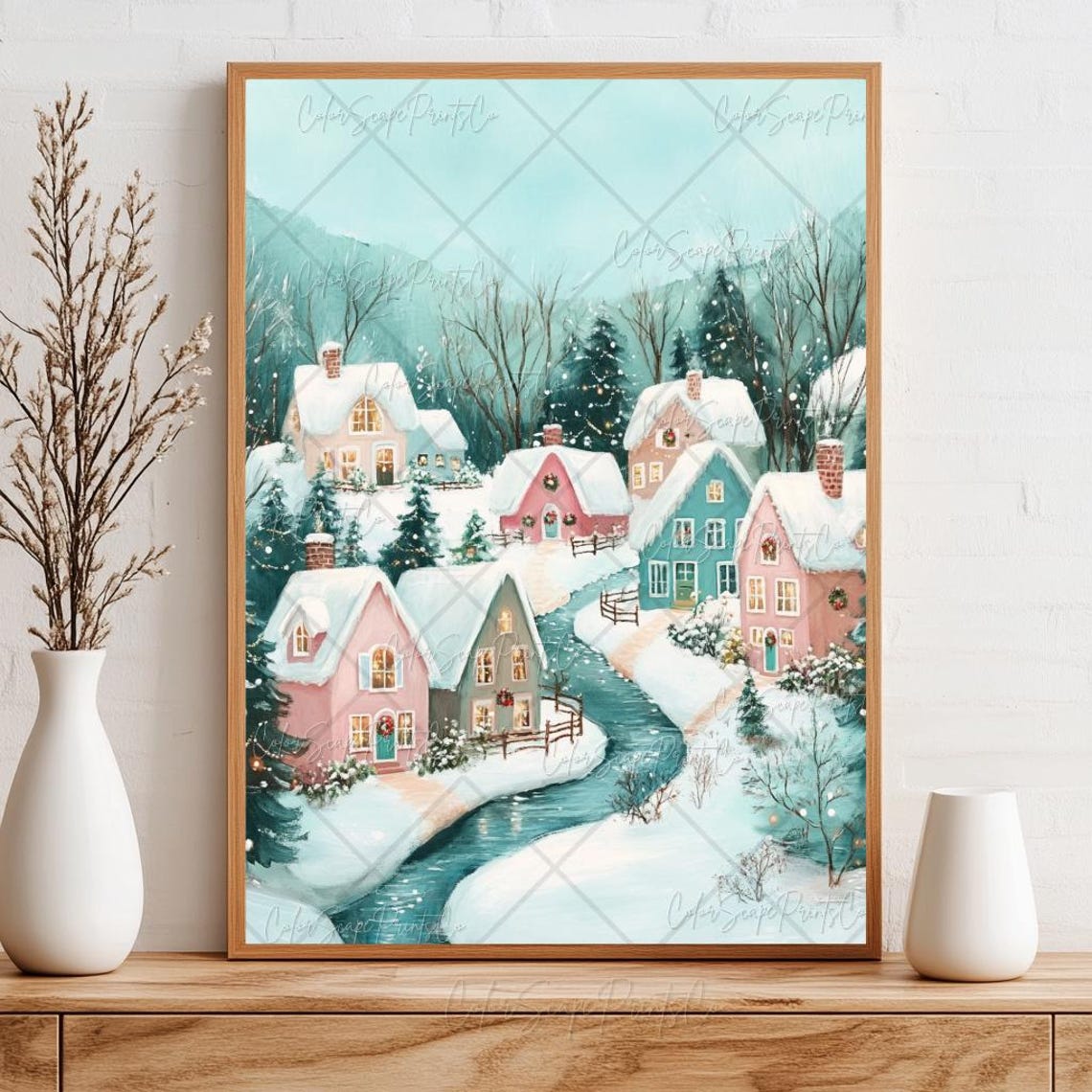 Pink Christmas Landscape Painting Snowy Winter Landscape Print Pink Christmas Wall Art Festive Village Print Christmas Town Art Holiday Art - Image 3
