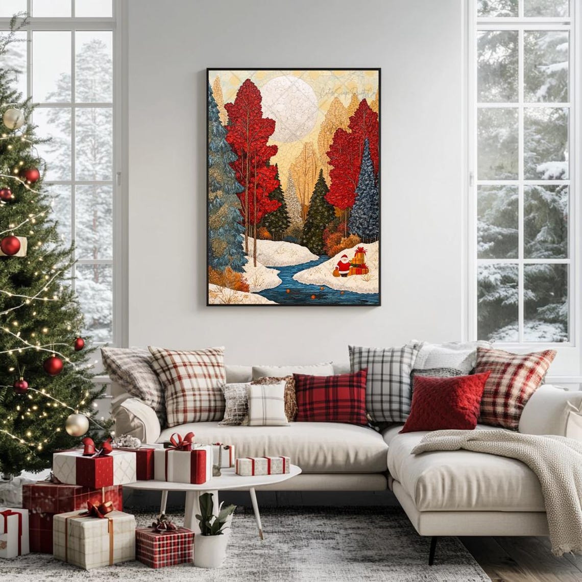 Mosaic Winter River Valley Moonlit Forest Santa Gifts Poster - Image 3