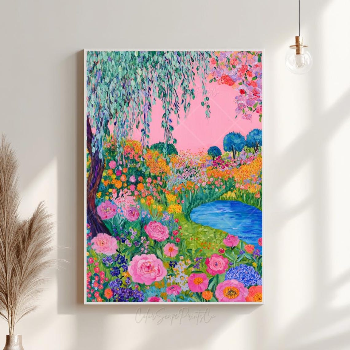 Pink Sky Flower Garden Painting Weeping Willow Pond Bloom Wall Art - Image 2