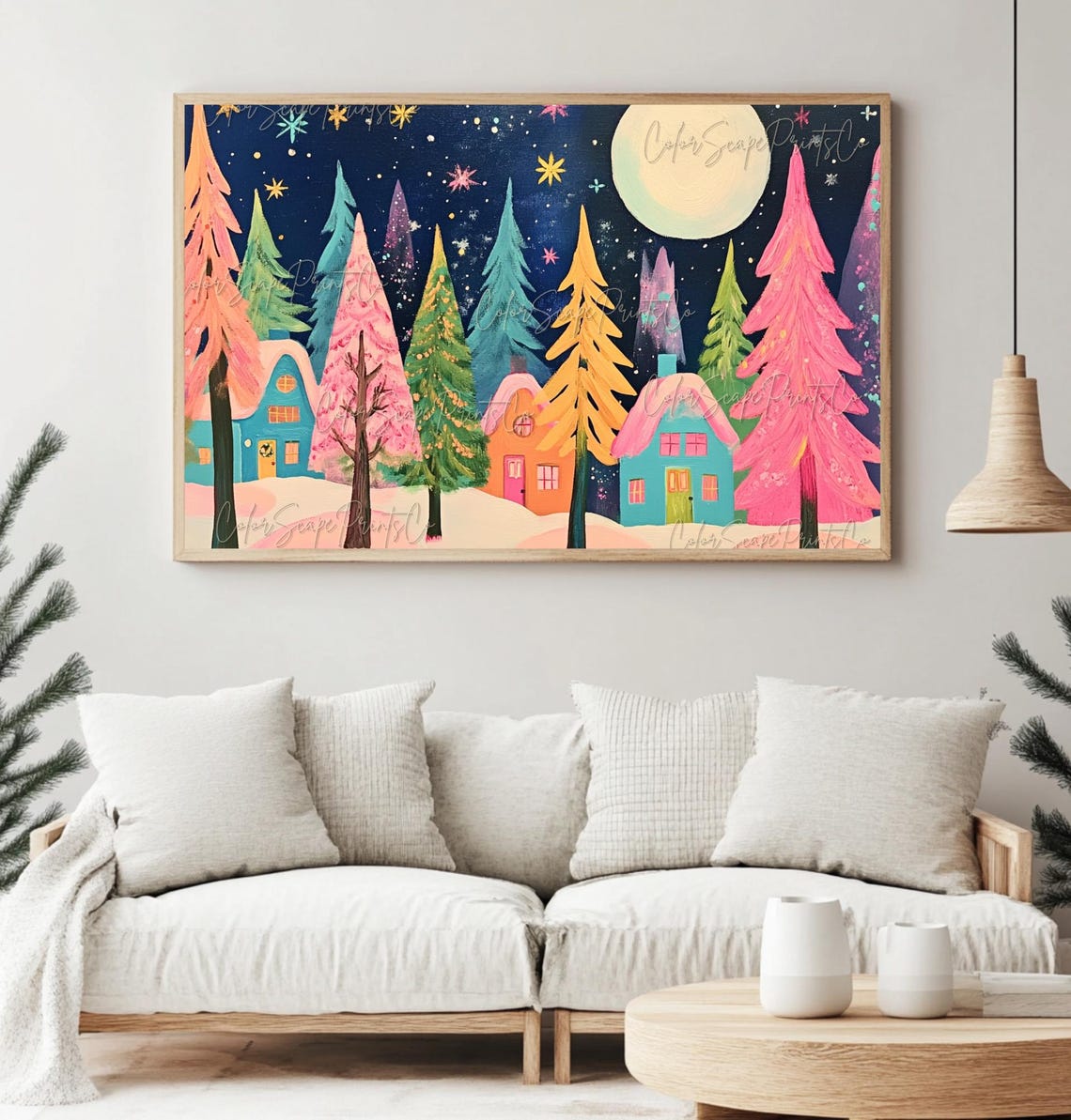 Whimsical Rainbow Christmas Trees Night Village Scene Poster - Image 3