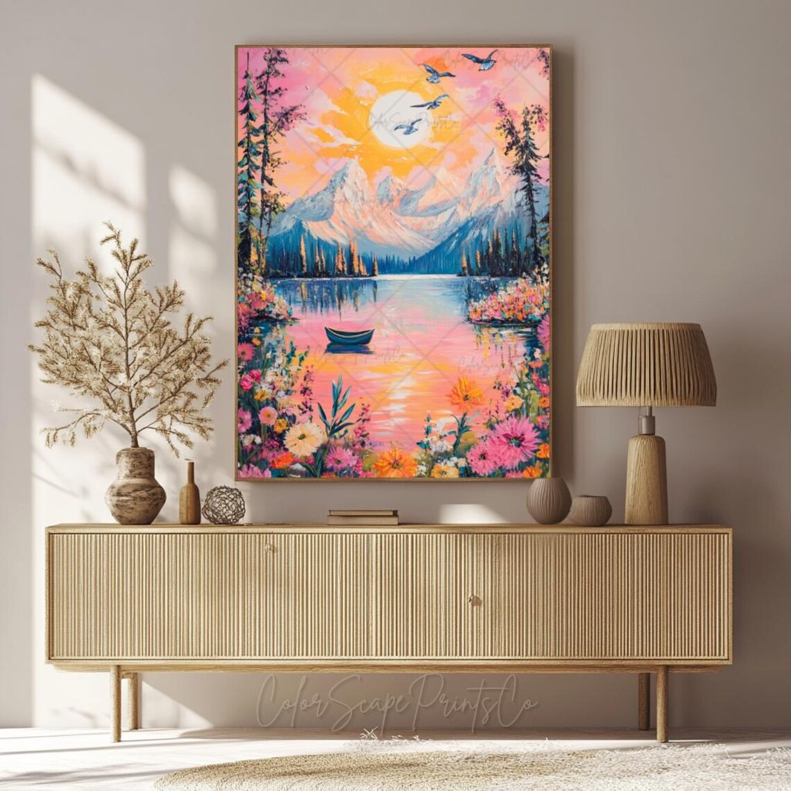 Mountain Lake Sunrise with Canoe Birds and Wildflowers Poster - Image 3