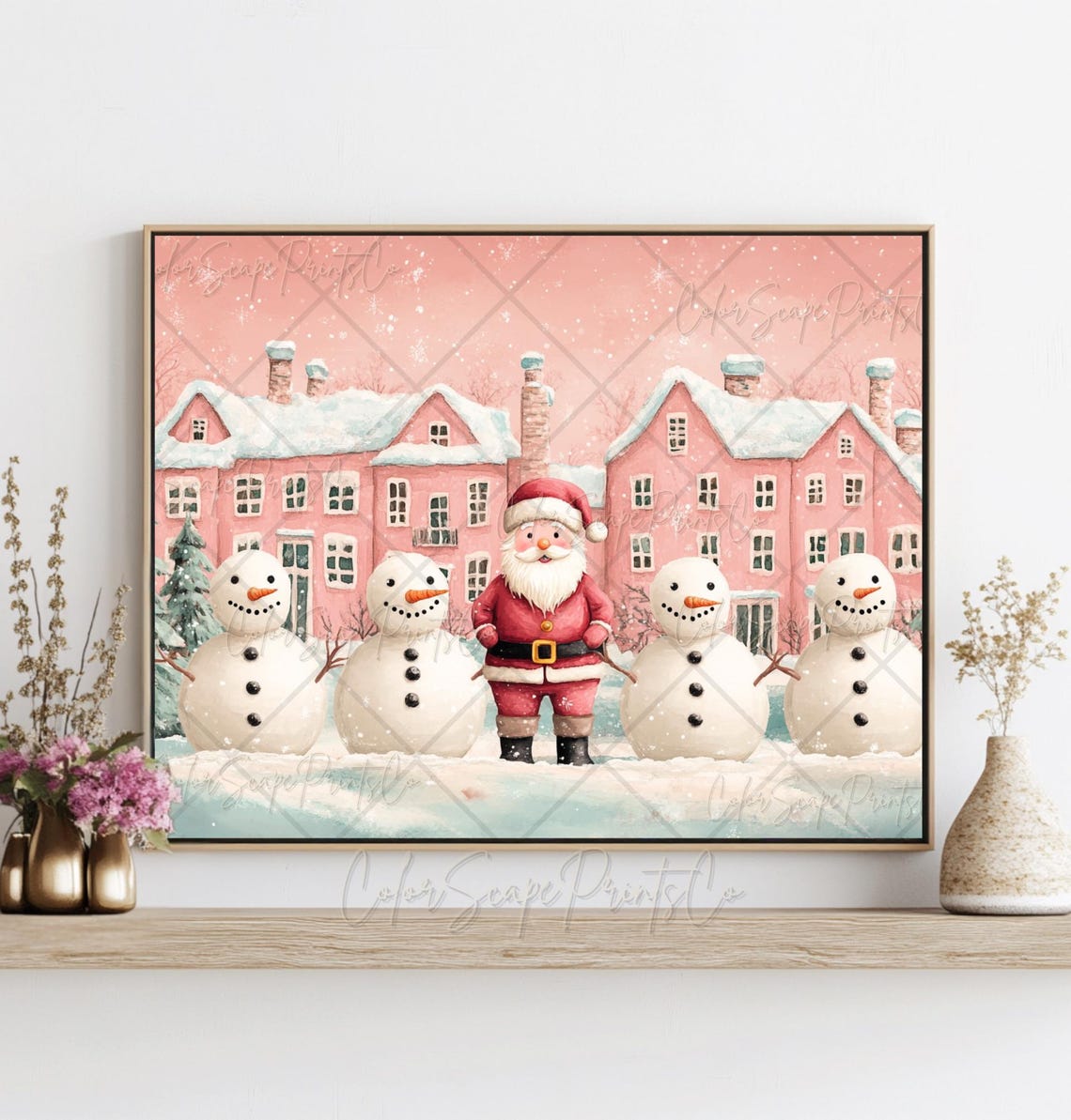 Santa Claus In Christmas Village Painting Pink Santa Claus Painting Cottage Holiday Decor Pink Winter Village Print Snowy Landscape Print - Image 2