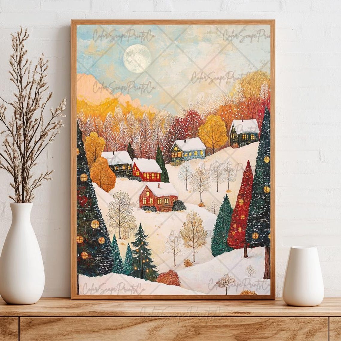 Snowy Village with Autumn Gold Trees Under Pale Moon Light Poster - Image 3
