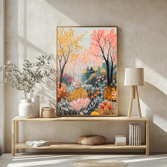 Whimsical Autumn Forest Wildflowers Pink Orange Floral Meadow Print
