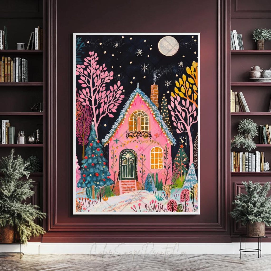 Pink Christmas House Print Winter Village Holiday Houses Decor Winter Garden Print Snowy House Print Pink Christmas Wall Art Cozy Winter Art - Image 2