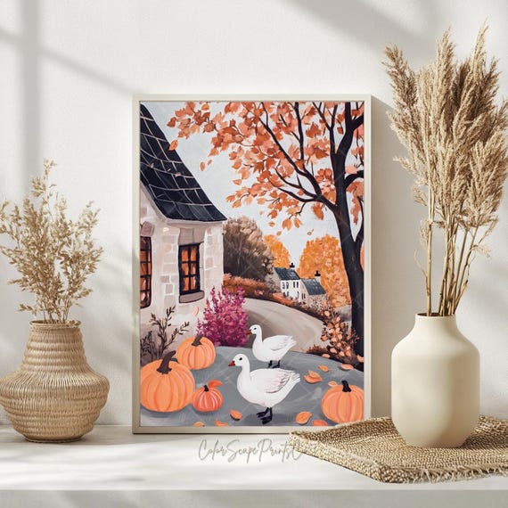 Autumn Farmhouse Wall Art Print Rustic Pumpkin Pie Painting Thanksgiving Pink Fall Village Houses Cozy Garden