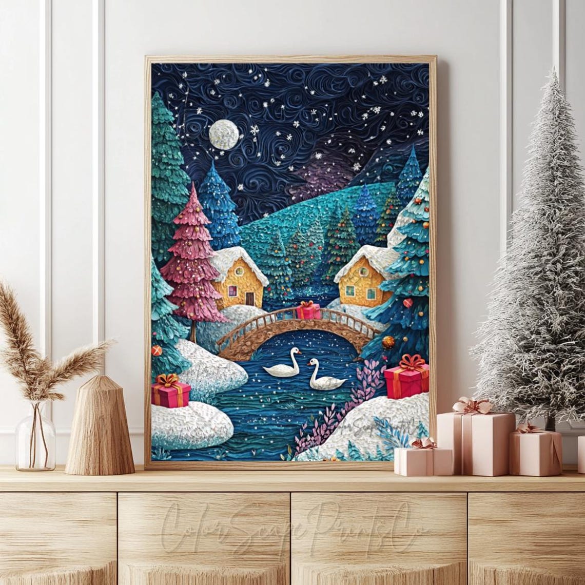 Snowy Village Painting Winter Village Print Christmas Village Winter Scene Art Snowy Trees Colorful Christmas Print Holiday Decor - Image 4