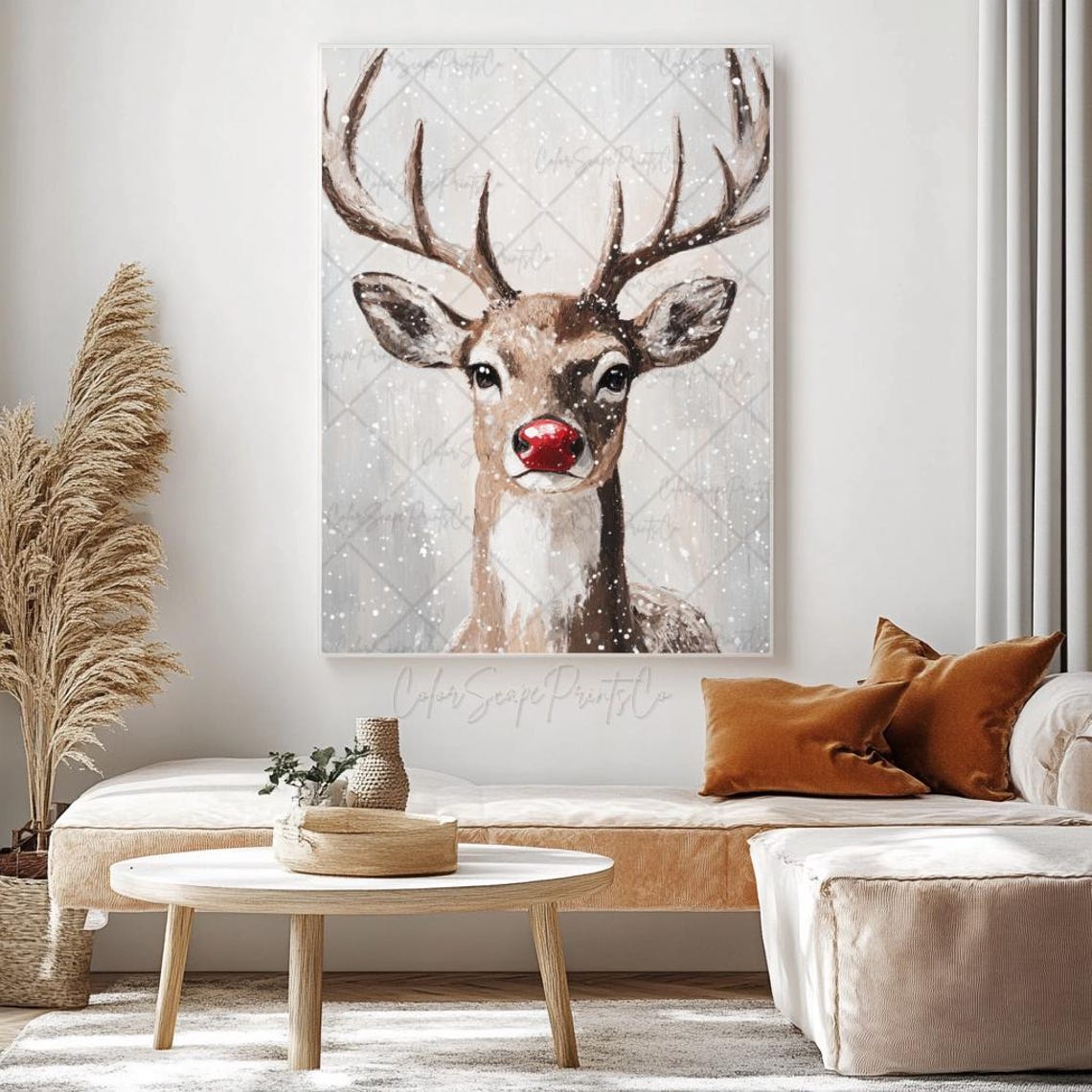 Red Nosed Reindeer Painting Reindeer Wall Art Winter Animal Painting Christmas Woodland Animal Print Rustic Christmas Decor Winter Landscape - Image 3