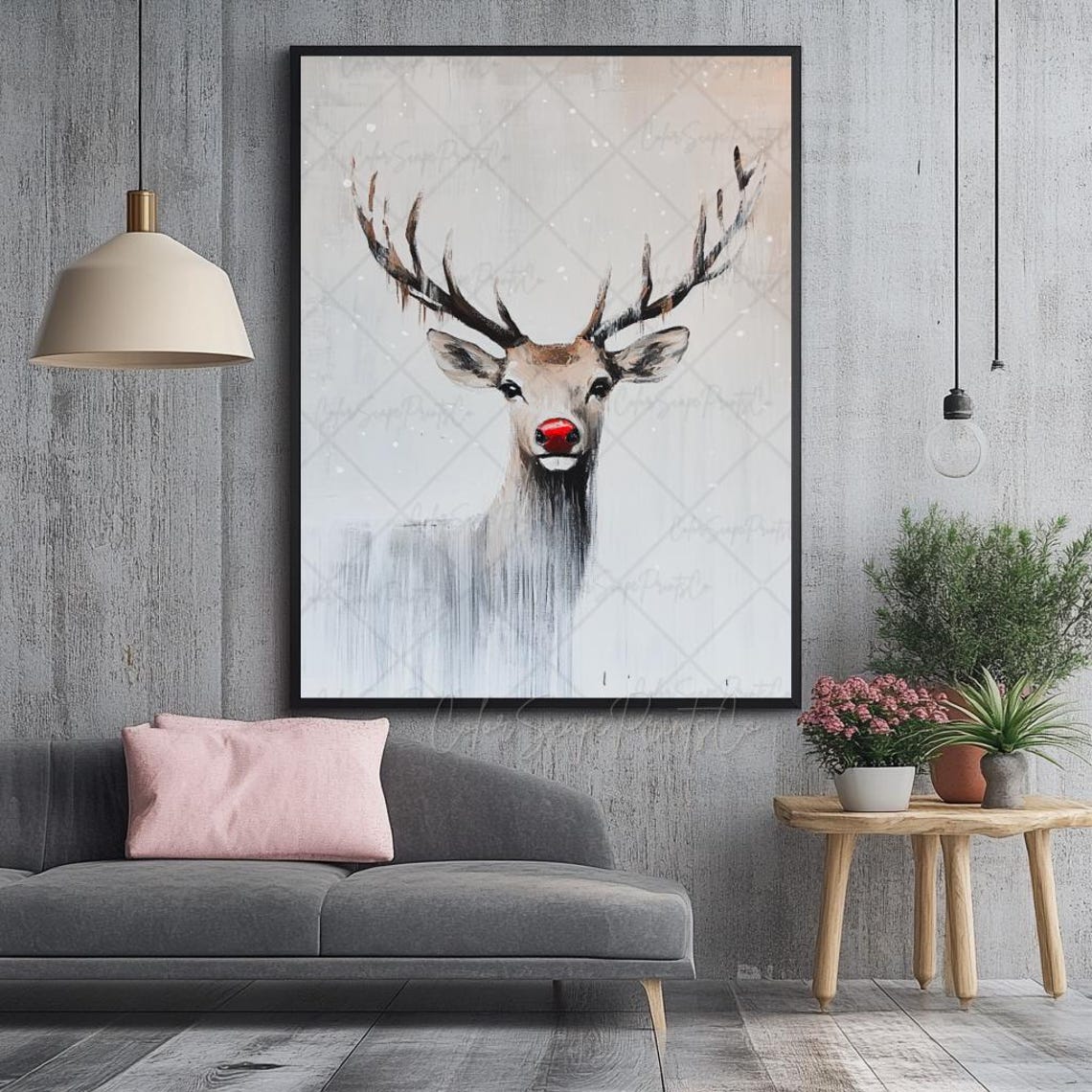 Red Nosed Reindeer Print Vintage Reindeer Art Winter Animal Painting Christmas Woodland Animal Print Rustic Christmas Decor Winter Landscape - Image 4