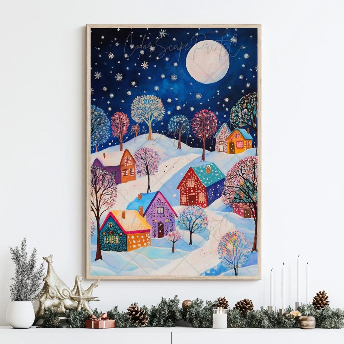 Colorful Snowy Village Glowing Under Full Moon Starry Night Poster - Image 3