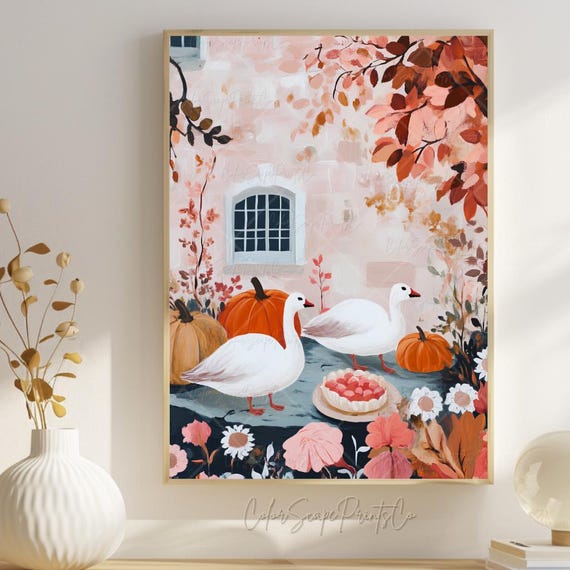 Autumn Farmhouse Wall Art Print Rustic Pumpkin Pie Painting Thanksgiving Pink Fall Village Houses Cozy Garden