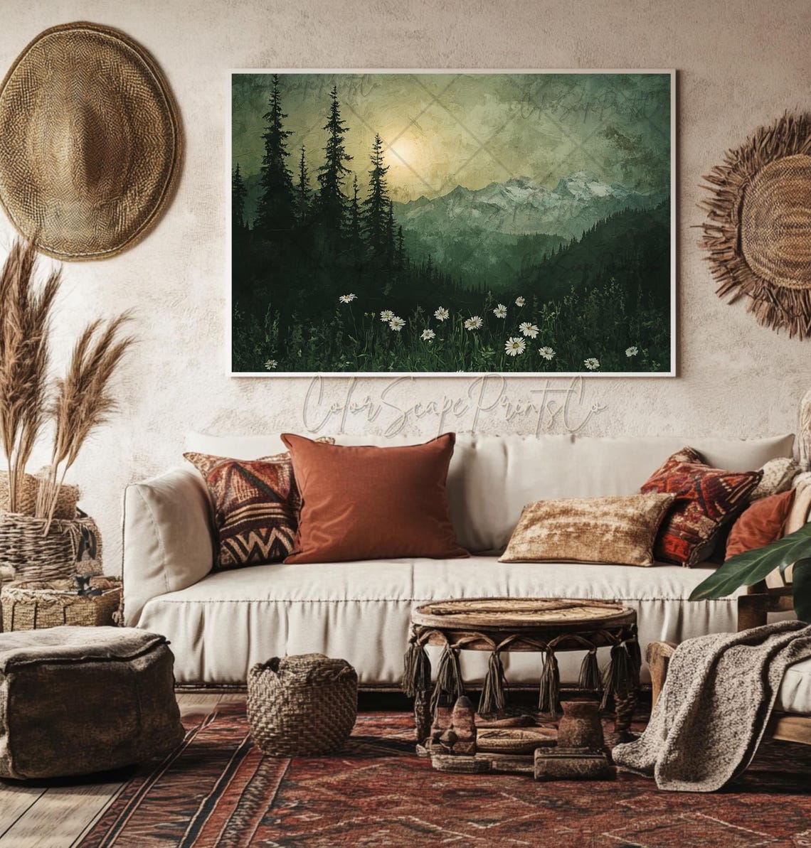 Moonlit Pine Forest Night Daisies Moody Green Landscape Poster - Image 3