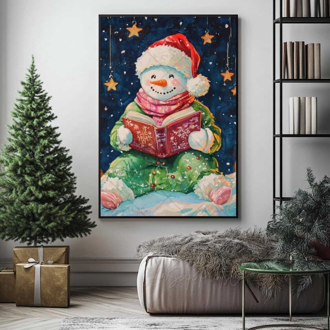 Cute Snowman Reading Book Starry Night Christmas Holiday Art Poster - Image 4