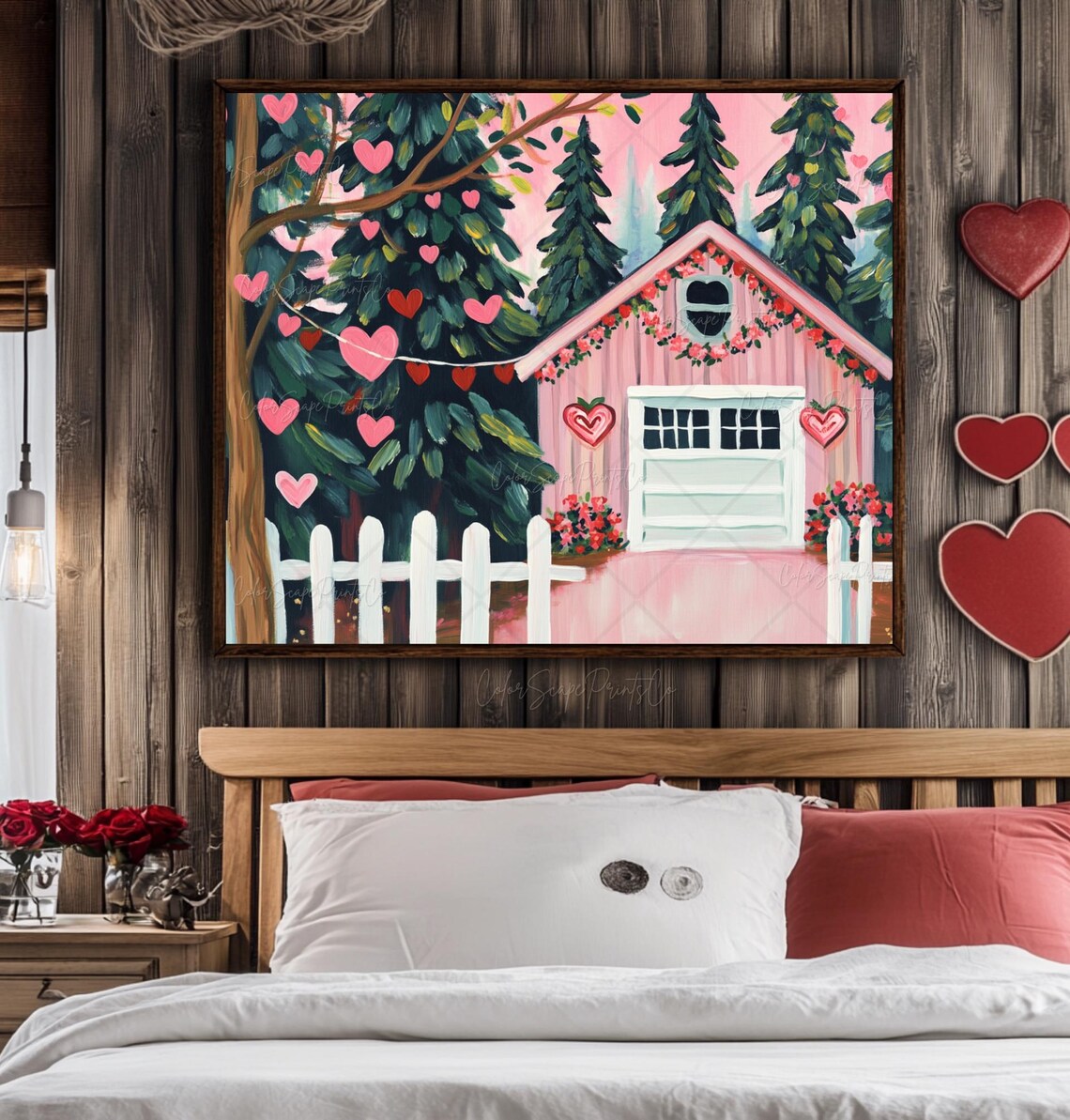 Valentines Pink Cabin with Hearts and White Picket Fence Poster - Image 2