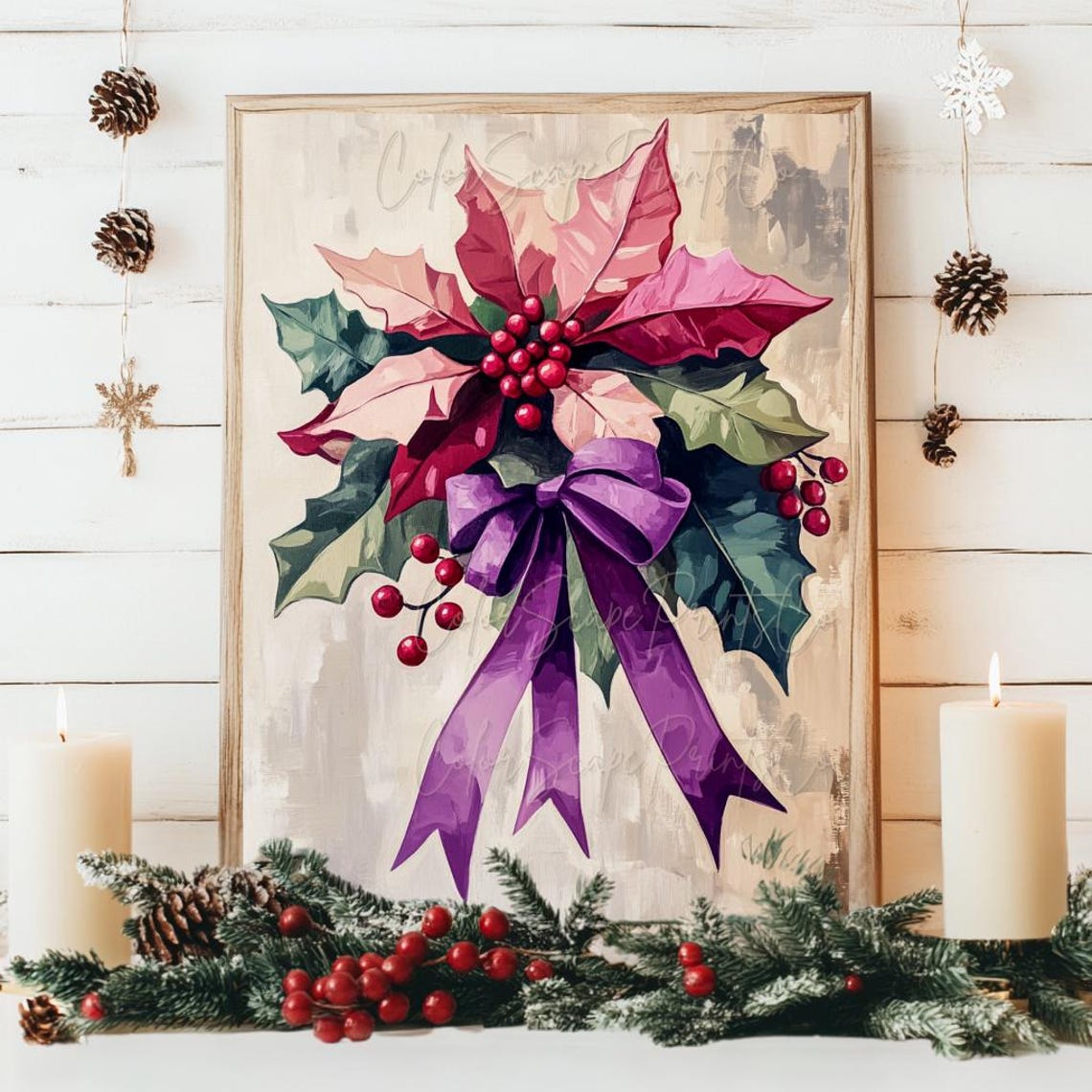 Pink Poinsettia with Purple Bow and Berries Holiday Botanical Poster - Image 4