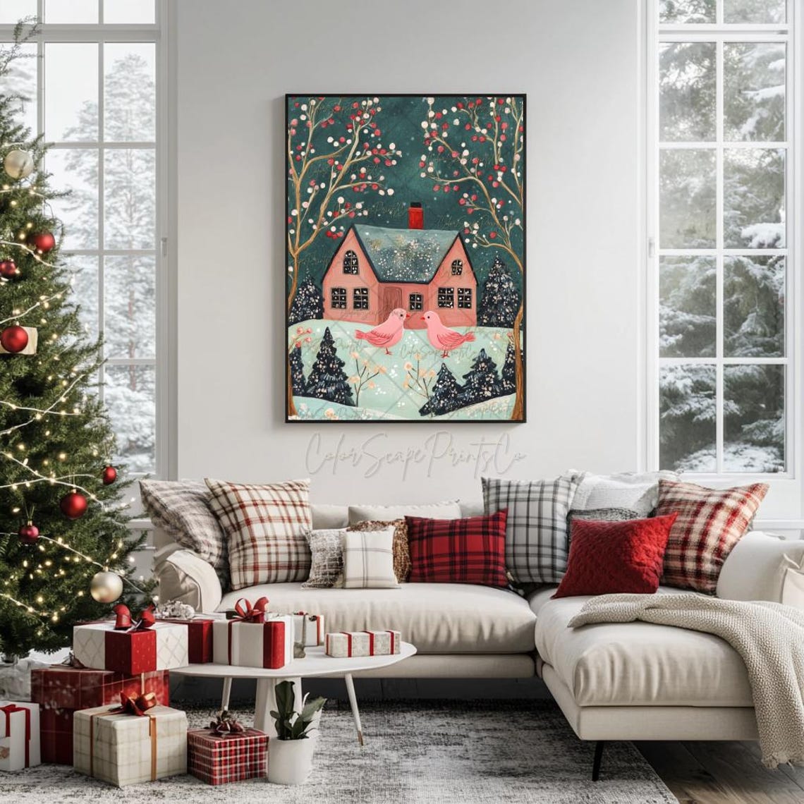 Pink Christmas House Print Christmas Bird Art Winter Village Holiday House Art Winter Garden Print Christmas Nursery Print Snowy House Print - Image 3