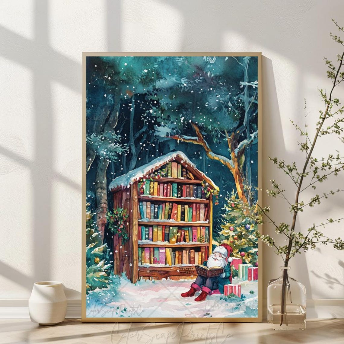 Santa Reading at The Open Bookshop Snowy Forest Library Poster - Image 3