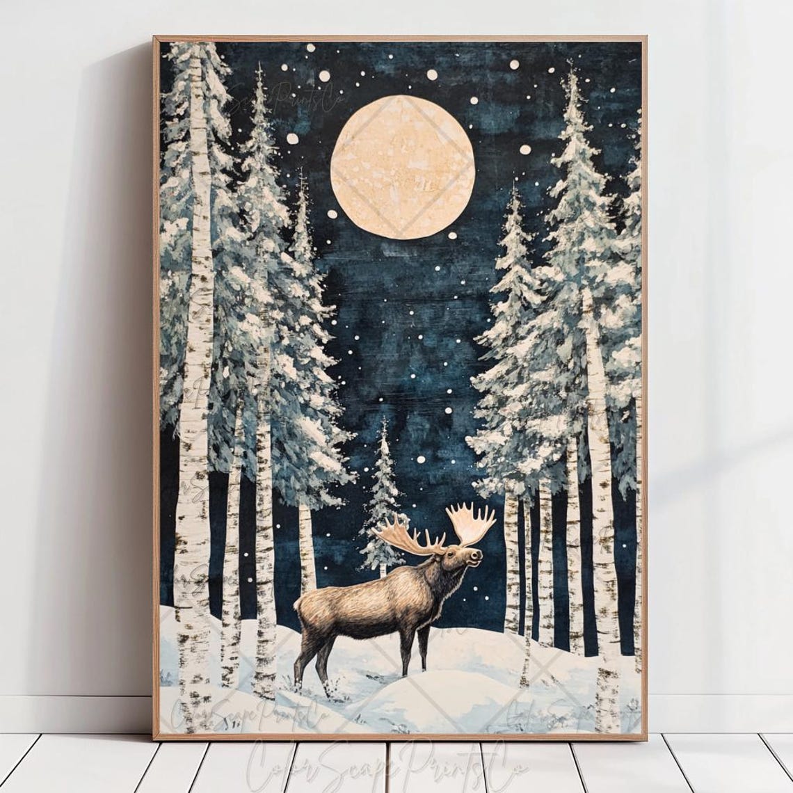 Moose Standing in Snowy Birch Forest Under Big Winter Moon Poster