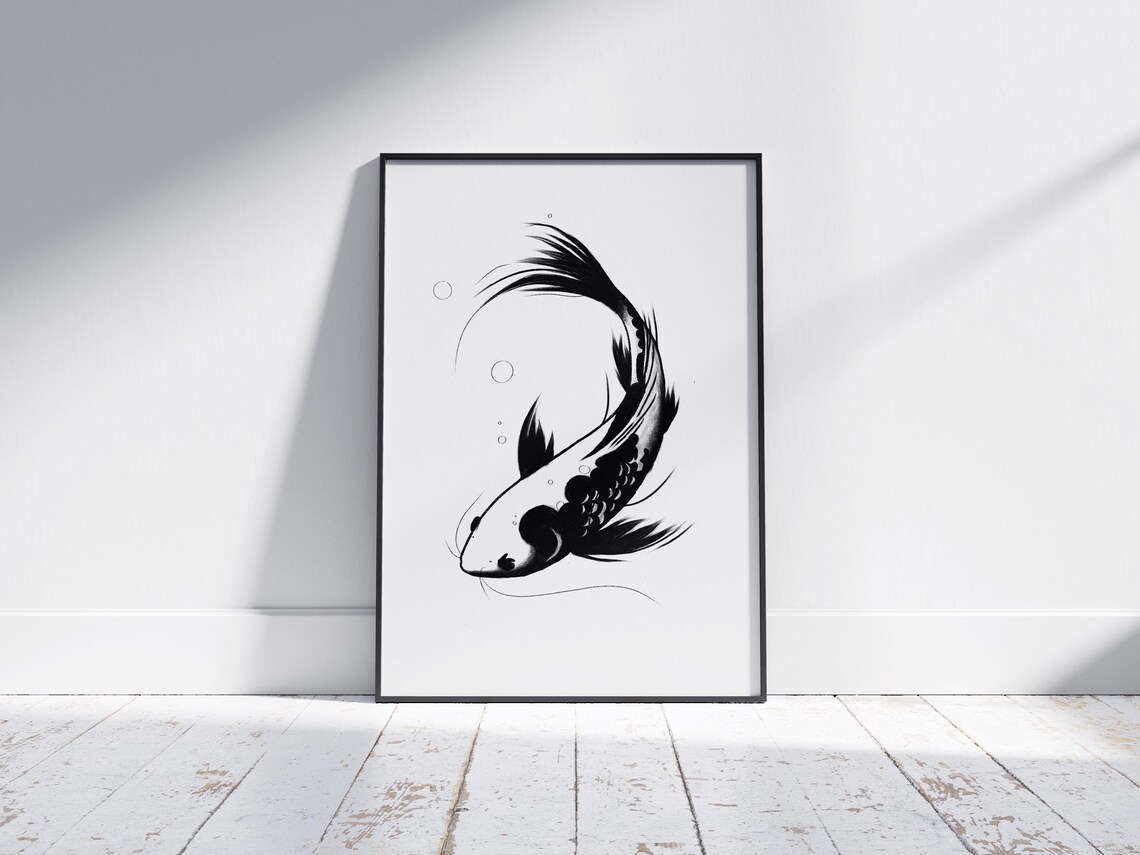 Elegant Japanese Koi Fish Black Ink Minimalist Zen Style Poster - Image 2