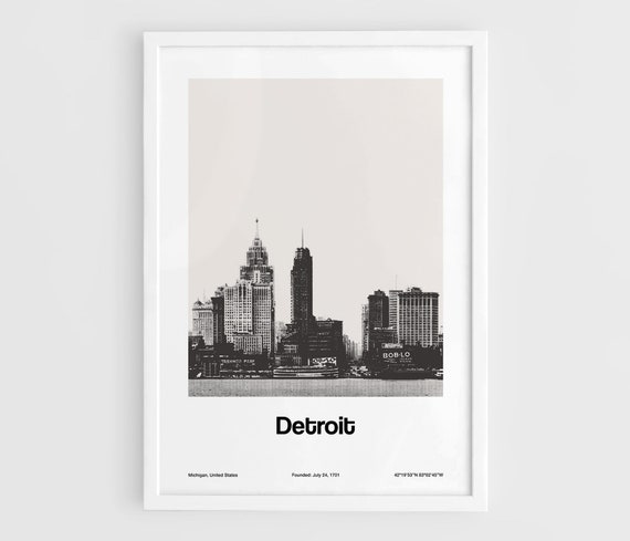 Old Detroit Skyline, Historic Black and White Art Print
