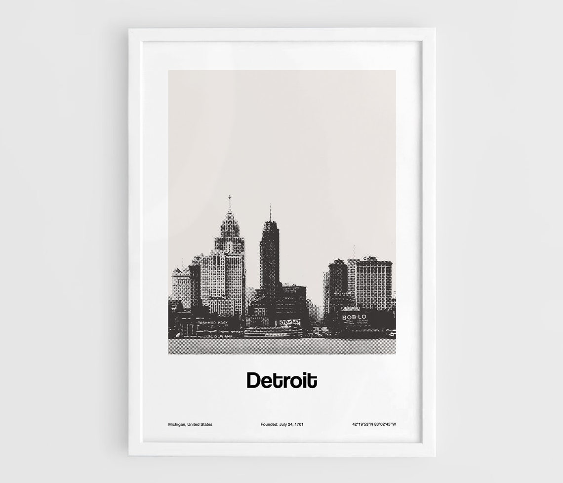 Old Detroit Skyline, Historic Black and White Art Print
